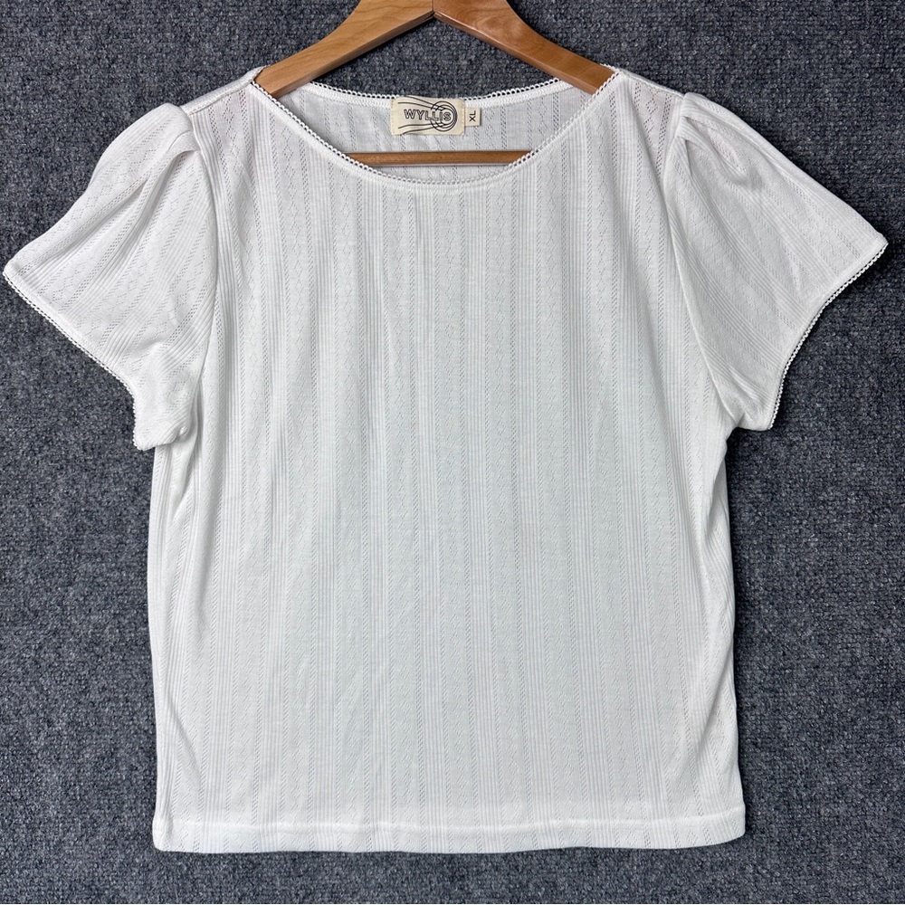 Wyllis pointelle baby tee puff sleeve top XL lace trim boat neck white preppy